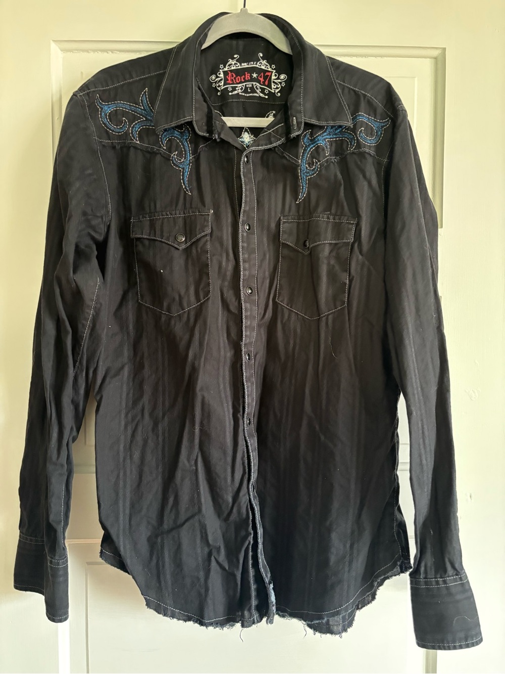 Rock Revival Black Western Button-Down Shirt with Blue Embroidery